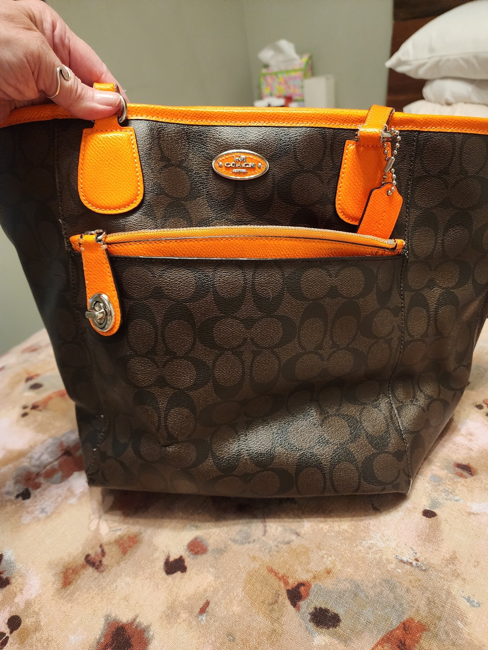 Coach Brown Signature Tote with Orange Trim